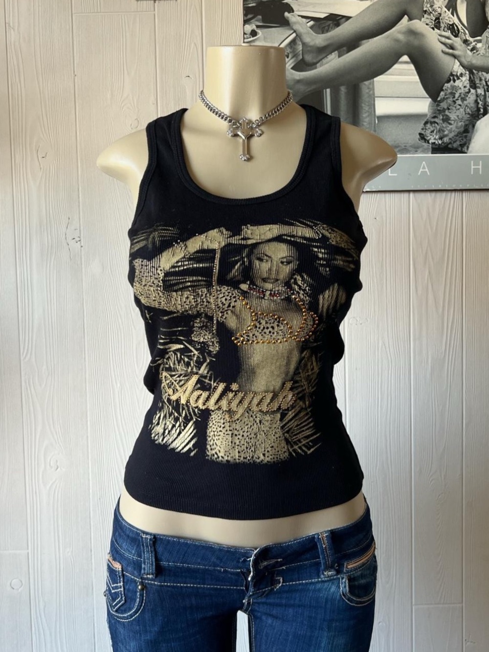 Aaliyah Black Graphic Tank Top with Gold Accents